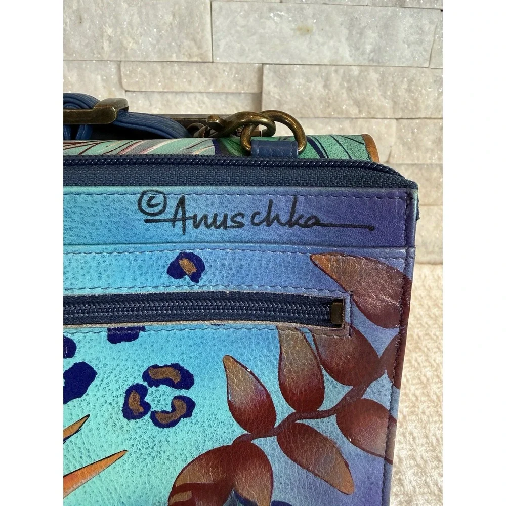 Anuschka Tropical Paradise Blue & Purple Multi Pocket Crossbody Purse
